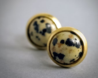 Dalmatian jasper studs - brass bohemian jewelry, animal print geode