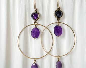 ROYAL AMETHYST HOOPS /// Statement gemstone earrings, festival jewelry, bohemian earrings