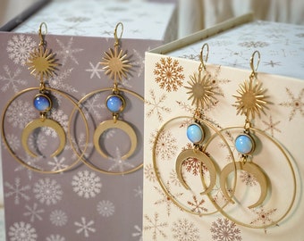 MOON SUN HOOPS /// opalite earrings, brass hoop earrings