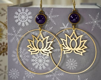 VIOLETTE AMETHYST HOOPS /// Lotus hoop earrings