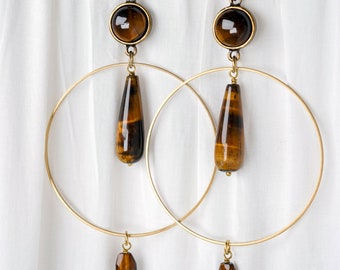 TIGERS EYE HOOPS /// Statement gemstone earrings, festival jewelry, bohemian earrings