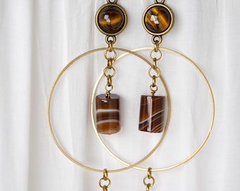TIGERS EYE + AGATE Hoops /// Statement gemstone earrings, festival jewelry, bohemian earrings