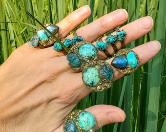 BOHEMIA DREAMER RING /// Turquoise, Raw Apatite + Raw Pyrite Modern bohemian jewelry, boho rings