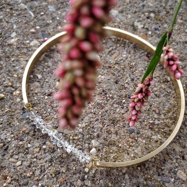 Raw herkimer diamond bangle bracelet, geometric natural stone chain cuff