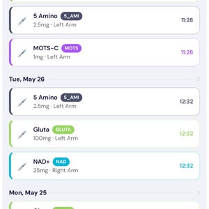 May include: A mobile application interface titled Peptide Protocol Health Tracker displaying a chronological log of medical injections. The list includes entries for Gluta, 5 Amino, MOTS-C, and NAD+ with dosage, injection site, and time stamps.