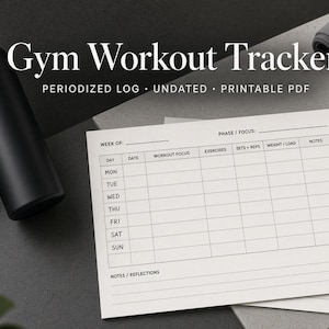 May include: A gym workout tracker printable PDF with a periodized log and undated layout. The document features columns for day, date, workout focus, exercises, sets, reps, weight, load, and notes, alongside a black water bottle and notebook.
