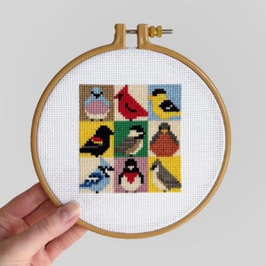 Könnte beinhalten: Ein runder Stickrahmen aus Holz mit weißem Aida-Stoff, der ein Kreuzstichmuster mit neun verschiedenen Vögeln in einem Raster zeigt. Jeder Vogel ist in einem pixeligen Stil vor einem einfarbigen quadratischen Hintergrund dargestellt.