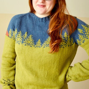 May include: A green and blue knitted sweater with a forest scene design. The sweater has a crew neck and long sleeves.