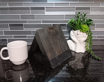 Soporte para libros de madera rústica teñida de ébano con ranura para gafas