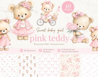 Pink Teddy Bear Clipart Bundle, Baby Girl Watercolor PNG, Floral Nursery Bears, 28 PNGs, 12 Seamless Patterns, Instant Download