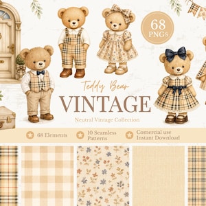 Pode incluir: Ilustração em aquarela de ursinhos de pelúcia vintage em várias roupas, incluindo macacões, vestidos e ternos. A imagem também apresenta uma porta, uma mala e arranjos florais, com o texto "Teddy Bear Vintage".
