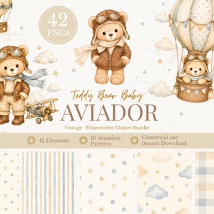 Pode incluir: Um conjunto de clipart digital em aguarela com ursos de peluche vestidos de aviadores com óculos, casacos de cabedal e cachecóis. O conjunto inclui ilustrações de balões de ar quente, malas vintage, aviões, nuvens, estrelas e fundos com padrões.