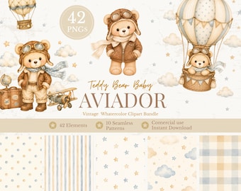 Vintage Aviator Teddy Bear Clipart Bundle, Baby Boy Airplane Bear PNG, Watercolor Nursery Clipart, Hot Air Balloon, Seamless Patterns