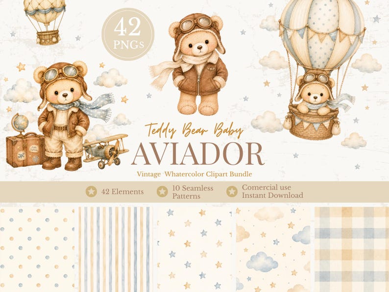 May include: A digital watercolor clipart bundle featuring teddy bears dressed as aviators with goggles, leather jackets, and scarves. The set includes illustrations of hot air balloons, vintage suitcases, airplanes, clouds, stars, and various patterned backgrounds.