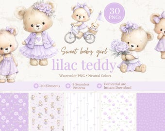 Baby Girl Teddy Bear Clipart Bundle, Lilac Watercolor Bear PNG, Nursery Clipart, 8 Seamless Patterns, Commercial Use
