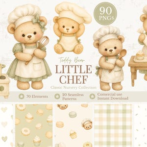 Pode incluir: Uma coleção digital de 90 arquivos PNG com ursos de pelúcia vestidos de chefs com chapéus e aventais brancos, junto a utensílios de cozinha e cupcakes. O texto diz Teddy Bear LITTLE CHEF Classic Nursery Collection.