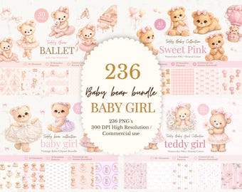 Baby Girl Teddy Bear Bundle PNG, 236 Watercolor Clipart Elements, Pink Teddy Bear, Ballerina Teddy, Nursery Clipart, Baby Shower Girl