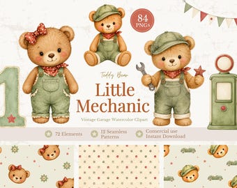 Mechanic Teddy Bear Clipart, Vintage Garage Watercolor PNG, Baby Boy Birthday, Auto Mechanic Nursery, Truck Tools, Commercial Use