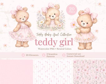 Baby Girl Teddy Bear Clipart, Watercolor Bear PNG Bundle, Pink Nursery Decor, Baby Shower Clipart, Commercial Use