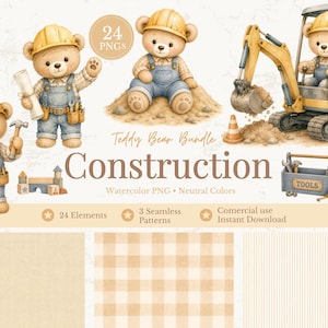 Pode incluir: Um conjunto digital de ilustrações em aquarela com ursos de pelúcia usando capacetes de construção amarelos e jardineiras jeans azuis. O conjunto inclui ursos com ferramentas, uma escavadeira amarela, uma caixa de ferramentas com a etiqueta TOOLS.