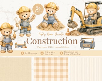 Construction Teddy Bear Starter Bundle, Builder Bear Clipart, Construction Bear PNG, Baby Shower Clipart, Boy Nursery Decor