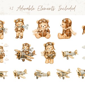 May include: A digital collection of 42 watercolor-style illustrations featuring teddy bears dressed as aviators with leather helmets and goggles, vintage-style propeller airplanes, and clouds. The text 42 Adorable Elements Included is visible.