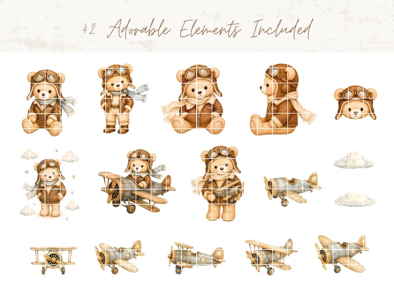 May include: A digital collection of 42 watercolor-style illustrations featuring teddy bears dressed as aviators with leather helmets and goggles, vintage-style propeller airplanes, and clouds. The text 42 Adorable Elements Included is visible.
