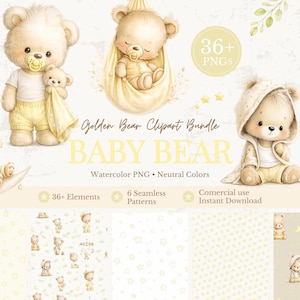 Pode incluir: Pacote de clipart em aquarela com ursinhos em várias poses, incluindo um em uma rede e outro em uma lua crescente. O texto "Golden Bear Clipart Bundle BABY BEAR" é exibido. Inclui 36+ PNGs, 6 padrões contínuos e uso comercial.