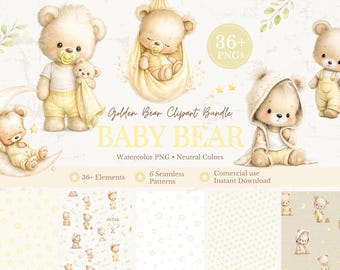 Golden Baby Bear Clipart Bundle, Watercolor Baby Bear PNG, Neutral Nursery Clipart, Baby Shower Graphics, Seamless Patterns, Commercial Use