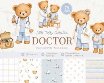 Teddy Bear Doctor Clipart Bundle, Medical Teddy Bear PNG, Watercolor Baby Doctor Clipart, Nursery Clipart, Commercial Use, Seamless Patterns