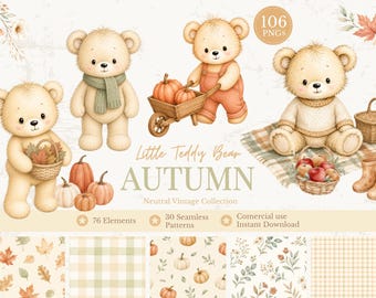 Fall Teddy Bear Clipart Bundle, Autumn Watercolor PNG, Baby Bear Clipart, Pumpkin Clipart, Seamless Patterns, Nursery Commercial Use