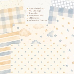 May include: A digital collection of 42 watercolor elements and 10 seamless patterns featuring blue and beige plaid, stripes, polka dots, stars, and clouds. Text includes Instant Download, 300 DPI High Resolution, Transparent PNG, 42 Elements, 10 Seamless Patterns.