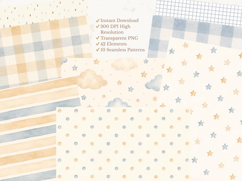 May include: A digital collection of 42 watercolor elements and 10 seamless patterns featuring blue and beige plaid, stripes, polka dots, stars, and clouds. Text includes Instant Download, 300 DPI High Resolution, Transparent PNG, 42 Elements, 10 Seamless Patterns.