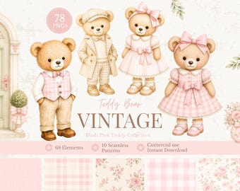 Blush Pink Teddy Bear Clipart, Vintage Baby Girl Bears PNG, Floral Nursery Bundle, Seamless Patterns, Commercial Use