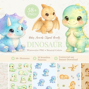 Op de afbeelding: Watercolor clipart bundel met drie schattige babydinosaurussen in pastelkleuren. De afbeelding bevat een triceratops, een pterodactylus en een T-Rex. De tekst luidt "Baby Animals Clipart Bundle DINOSAUR Watercolor PNG Neutral Colors". Naadloze patronen zijn ook inbegrepen.