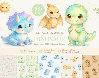 Baby Dinosaur Clipart Bundle, Watercolor Dino PNG, Cute Baby Dino Clipart Set, Nursery Decor, 58+ Elements, 16 Patterns, Commercial Use