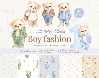 Baby Boy Teddy Clipart Bundle, Teddy Bear Watercolor PNG, Little Gentleman Nursery Clipart, First Birthday Bear, 62 Elements