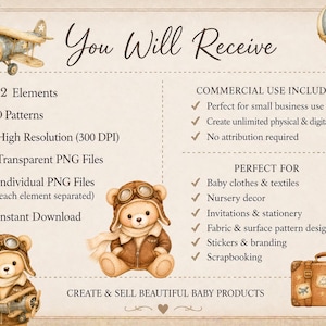 May include: A digital graphic listing featuring the text You Will Receive, 42 elements, 10 patterns, 300 DPI, transparent PNG files, and instant download. Illustrations include a vintage airplane, hot air balloon, teddy bears, and a suitcase.
