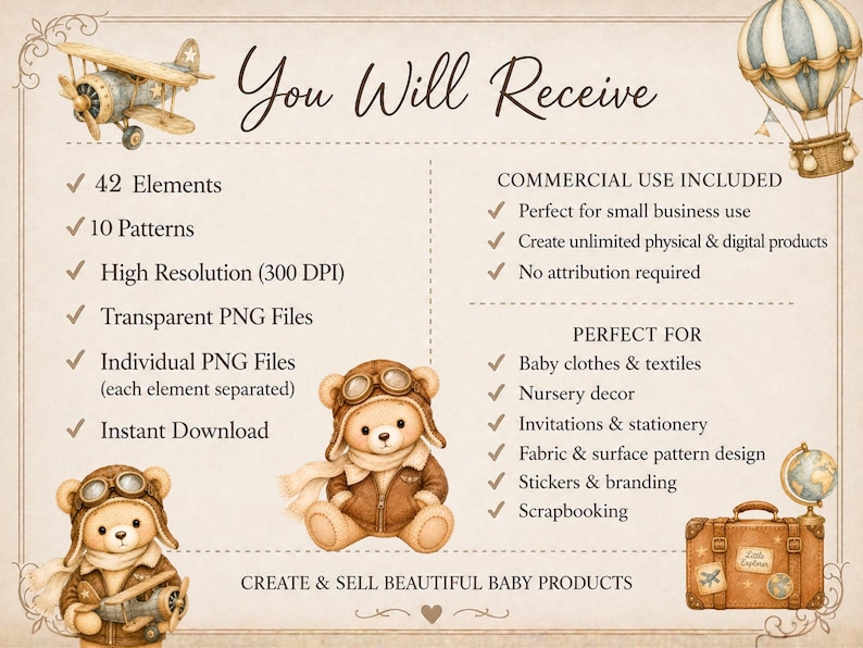 May include: A digital graphic listing featuring the text You Will Receive, 42 elements, 10 patterns, 300 DPI, transparent PNG files, and instant download. Illustrations include a vintage airplane, hot air balloon, teddy bears, and a suitcase.