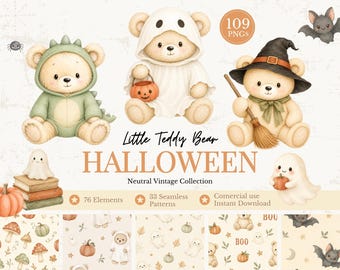 Halloween Teddy Bear Clipart Bundle, Cute Halloween Watercolor PNG, 109 PNGs, Seamless Patterns, Pumpkin Ghost Baby Clipart
