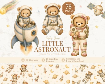 Astronaut Teddy Bear Clipart, 60 Watercolor PNGs, 18 Seamless Space Patterns, Baby Nursery Commercial Use