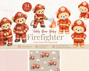 Firefighter Teddy Bear Clipart Bundle, Fireman Bear PNG, Baby Shower Boy, Watercolor Teddy Bear, Nursery Decor, 24 PNG