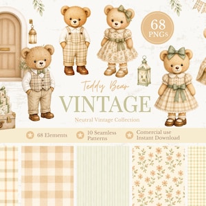 Könnte beinhalten: Aquarellillustration von Vintage-Teddybären in verschiedenen Outfits, mit einer neutralen Farbpalette. Das Bild enthält eine Tür, Laternen, Geschenke und Muster, mit dem Text "Teddy Bear Vintage".