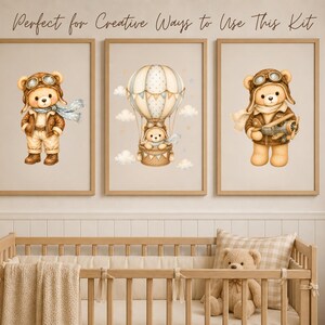 May include: Three framed wall art prints featuring light brown teddy bears in aviator gear. The left print shows a bear in a jacket and goggles, the center shows a bear in a hot air balloon, and the right shows a bear holding a toy airplane.