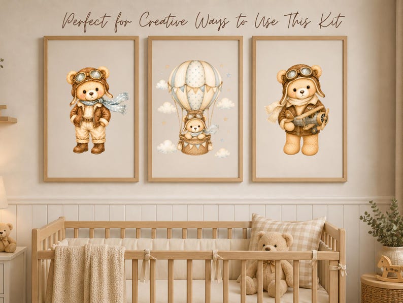 May include: Three framed wall art prints featuring light brown teddy bears in aviator gear. The left print shows a bear in a jacket and goggles, the center shows a bear in a hot air balloon, and the right shows a bear holding a toy airplane.