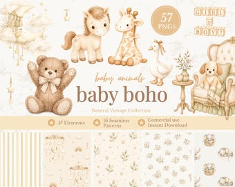 Boho Baby Animals Clipart Bundle, Neutral Nursery Animals PNG, Boho Baby Shower, Vintage Nursery Decor, Seamless Patterns, Commercial Use