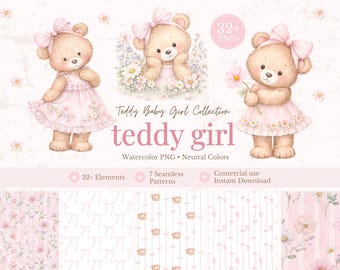 Baby Girl Teddy Bear Clipart Bundle, Pink Watercolor Bear PNG, Floral Nursery Clipart, 7 Seamless Patterns, Commercial Use