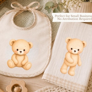 May include: A cream-colored baby bib with a beige gingham trim and a tied ribbon closure, featuring a seated teddy bear illustration. Beside it is a rectangular white cloth with a matching teddy bear graphic and a beige gingham border.