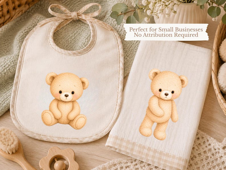 May include: A cream-colored baby bib with a beige gingham trim and a tied ribbon closure, featuring a seated teddy bear illustration. Beside it is a rectangular white cloth with a matching teddy bear graphic and a beige gingham border.