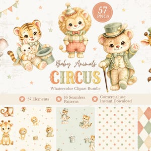 Pode incluir: Pacote de cliparts em aquarela com animais de circo para bebês, incluindo um elefante, um tigre, um leão, um urso e uma girafa. A imagem inclui o texto "Baby Animals CIRCUS" e "57 PNG". O pacote também inclui padrões contínuos.